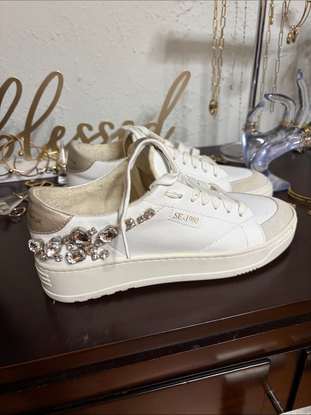 Sam Edelman White Crystal-Embellished Low-Top Sneakers - Picture 10 of 10